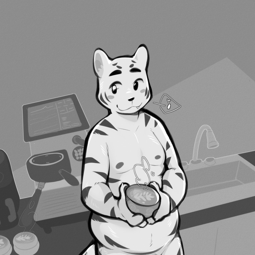 A white tiger, with a glitchy right eye, reclines backwards on a kitchen counter. They’re holding a latte with leafy latte art drawn in the liquid in their paws, a music note appearing in a speech bubble next to their muzzle.
